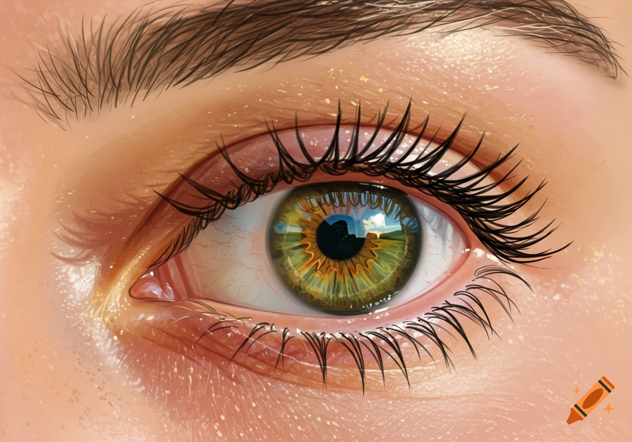Close-up realistic illustration of a human eye with green iris, long eyelashes, and landscape reflections.