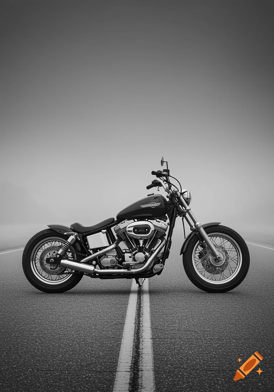A black and white, side-profile view of a Harley Davidson bobber motorcycle parked on a wet asphalt road with double white lines leading into a foggy background.