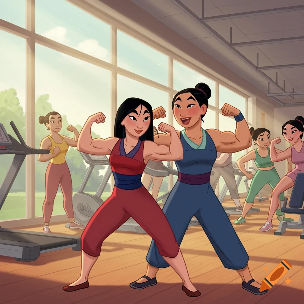Mulan and her mother flex their muscular arms at a gym, cartoon style.