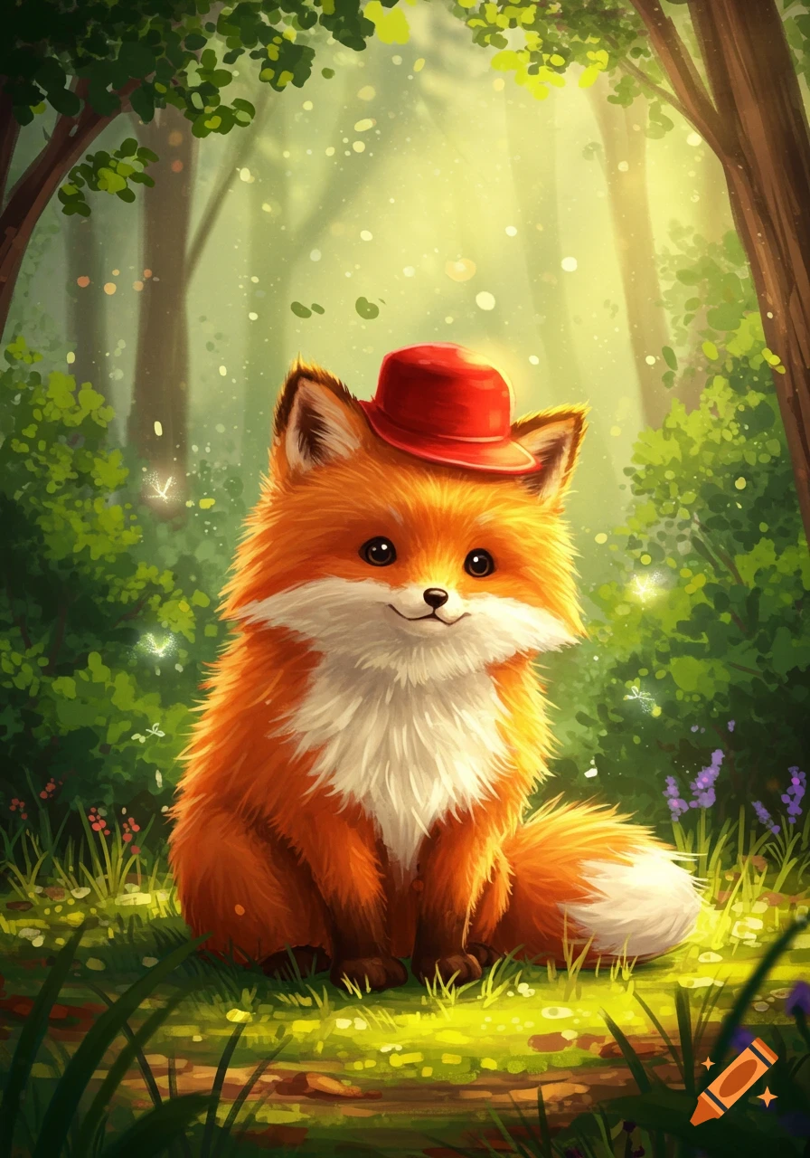 A cute, fluffy orange fox wearing a red hat sits smiling in a sunlit forest clearing with glowing particles.