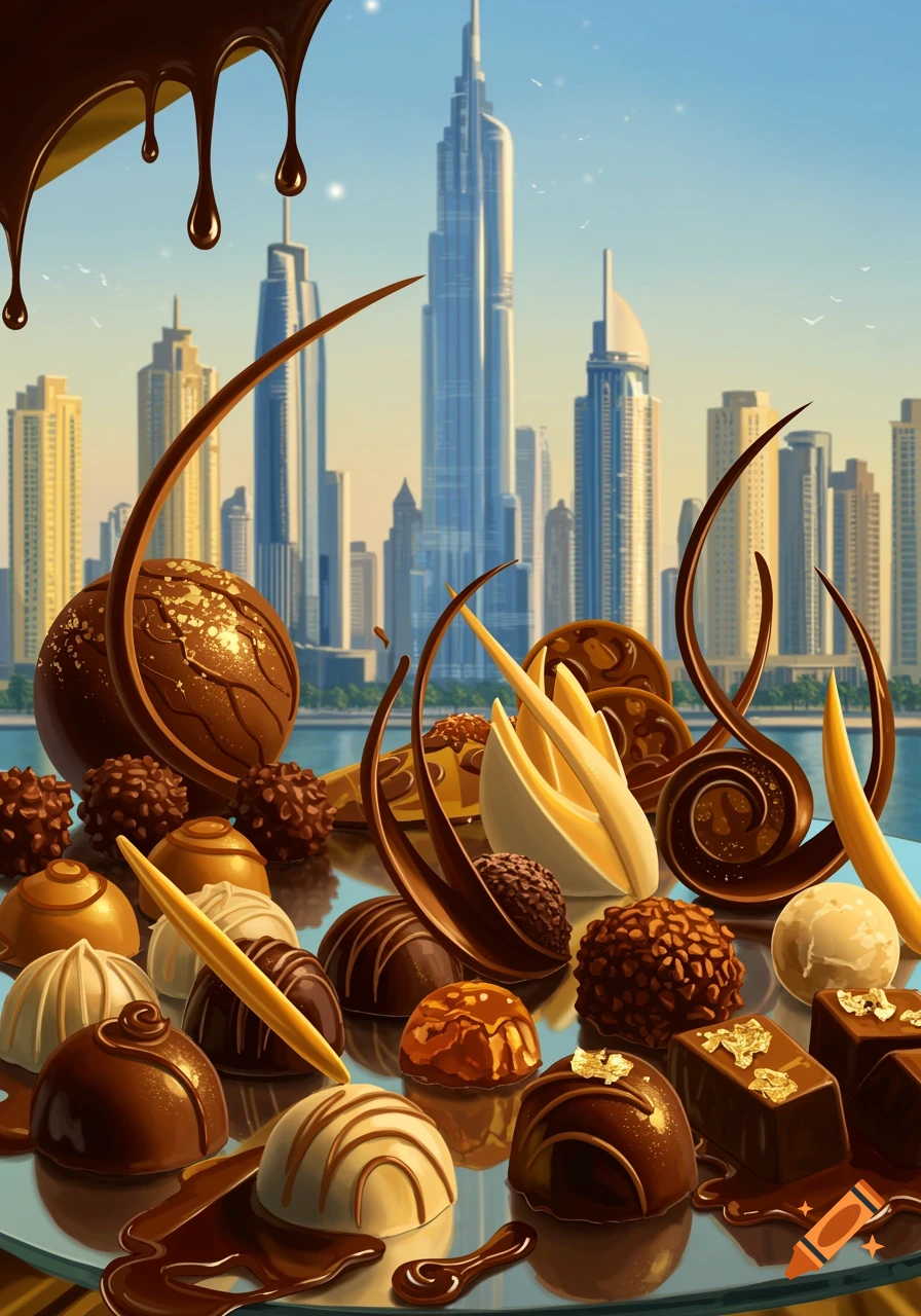 A variety of gourmet chocolates with melted chocolate drips in the foreground and the Dubai city skyline, including the Burj Khalifa, in the background.