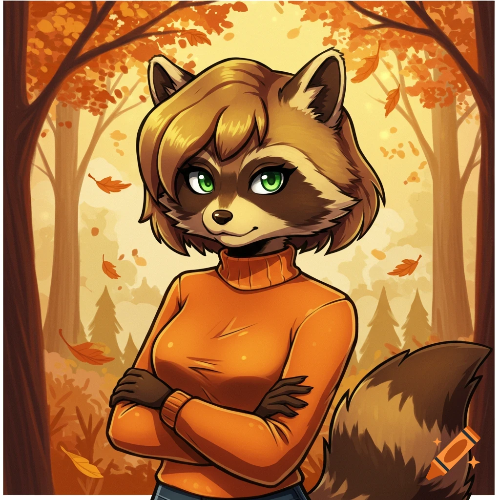 Cell-shaded cartoon of an anthropomorphic female raccoon with short brown hair and green eyes, wearing an orange turtleneck, in an autumn forest.
