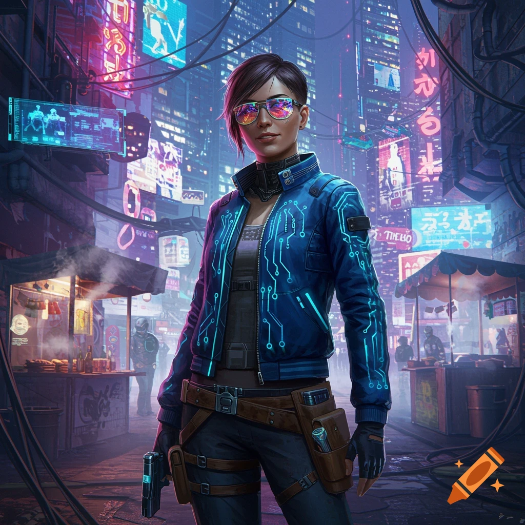 A woman in a blue circuit-patterned jacket and tactical gear stands in a neon-lit cyberpunk city street, holding a pistol.