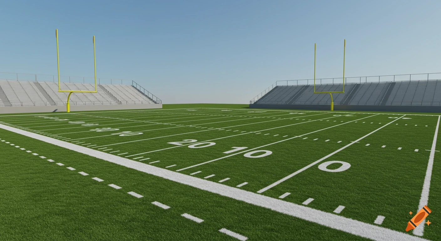 A photorealistic American football field with vibrant green turf, white lines, yellow goalposts, and empty bleachers under a clear blue sky.