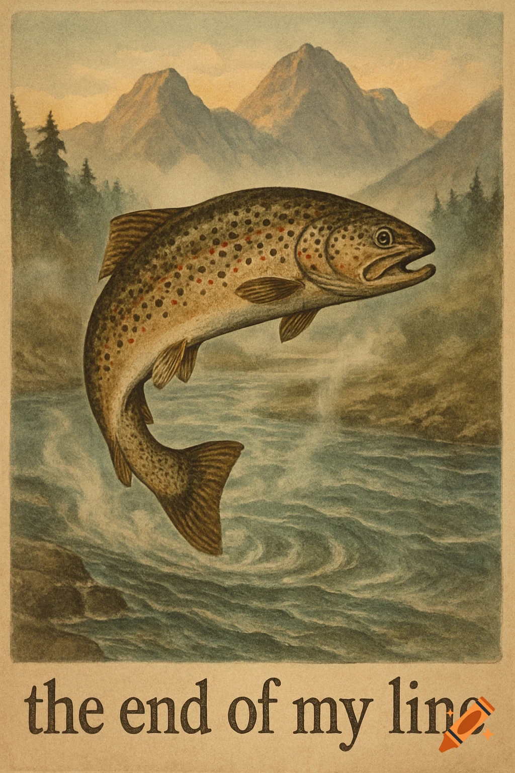 A vintage graphic illustration of a brown trout leaping from a river with mountains in the background and text "the end of my line" below.