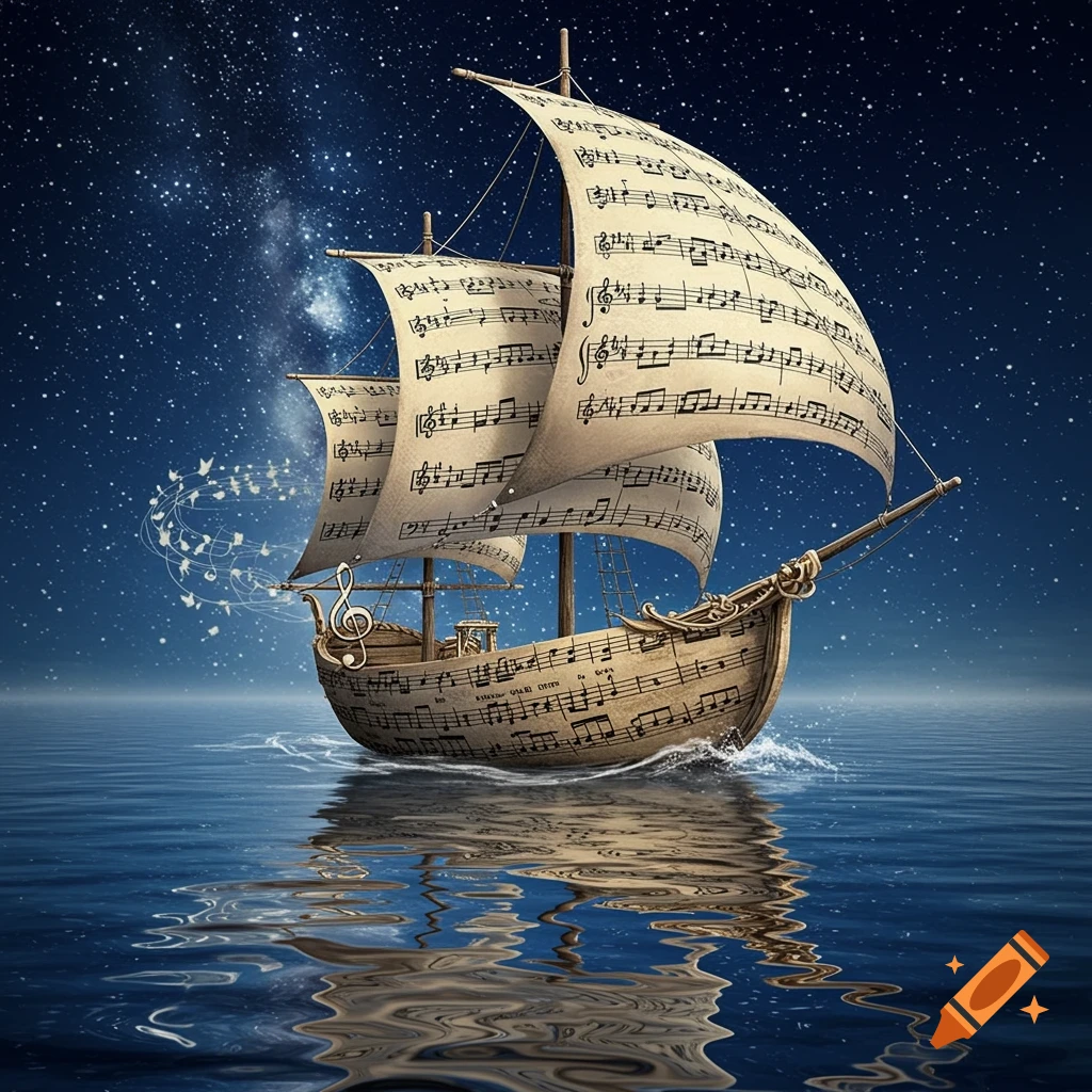 A majestic sailing boat with sails and hull made of musical notation floats on a dark blue sea under a starry night sky.