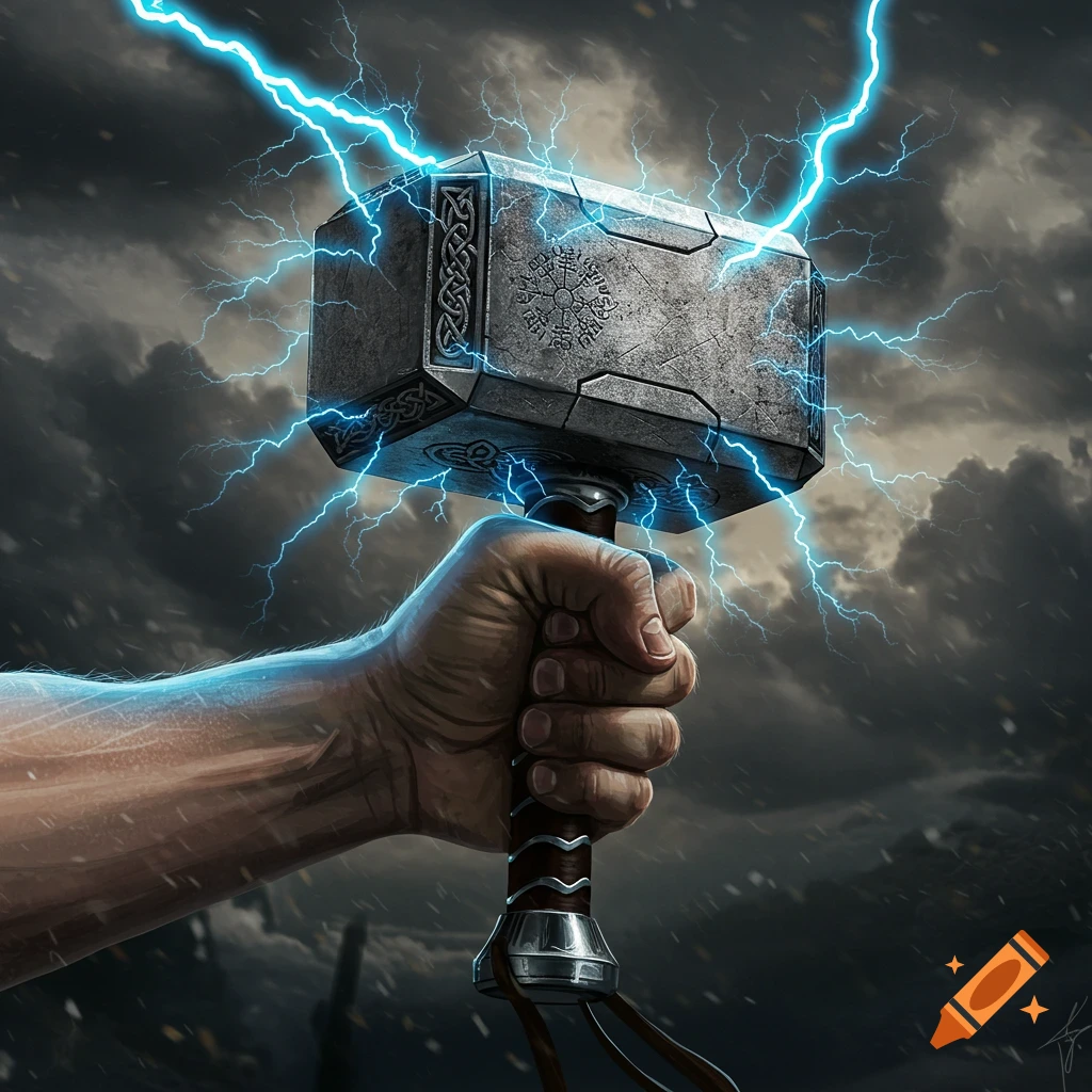 A muscular hand tightly grips Thor's hammer, Mjolnir, which is enveloped in bright blue lightning against a dark, stormy sky.