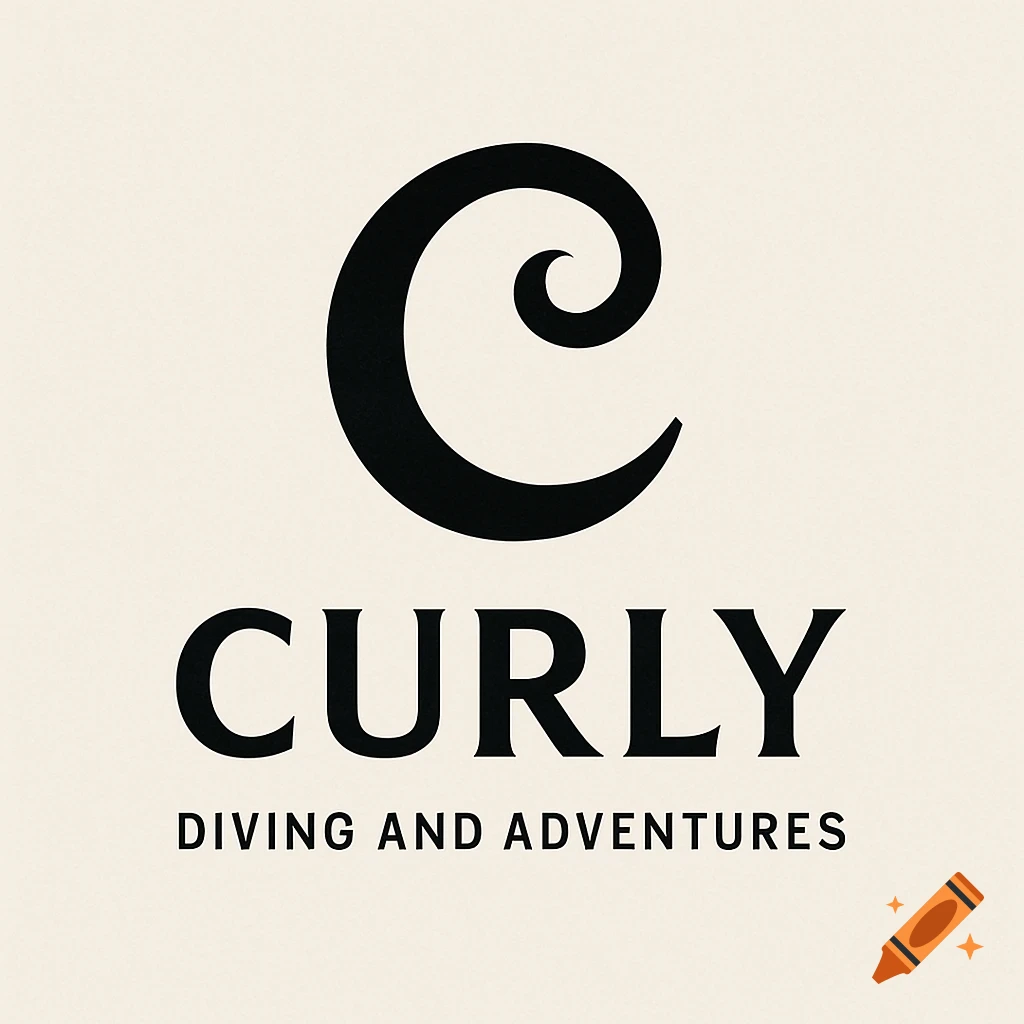 Minimalist black logo on off-white background with a curly 'C', the word 'CURLY', and 'DIVING AND ADVENTURES'.