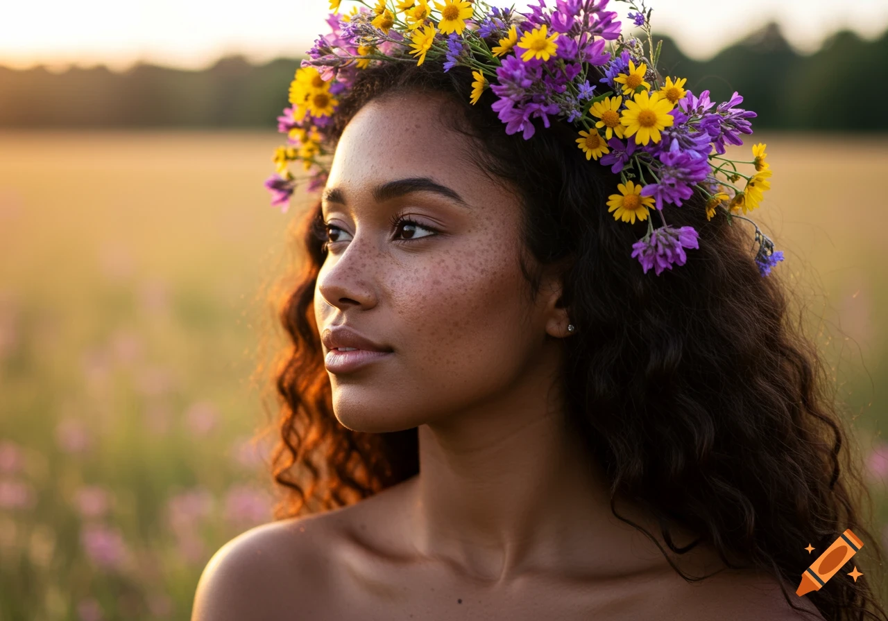 A photorealistic close-up portrait of a Black woman with freckles, wearing a colorful flower crown, looking away in a sunny field.