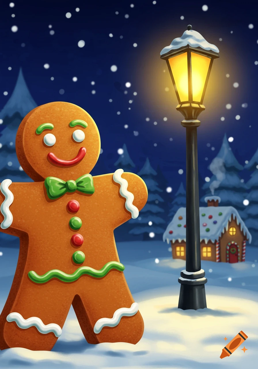 A cheerful gingerbread man stands in a snowy night landscape with a glowing lamppost and a gingerbread house.