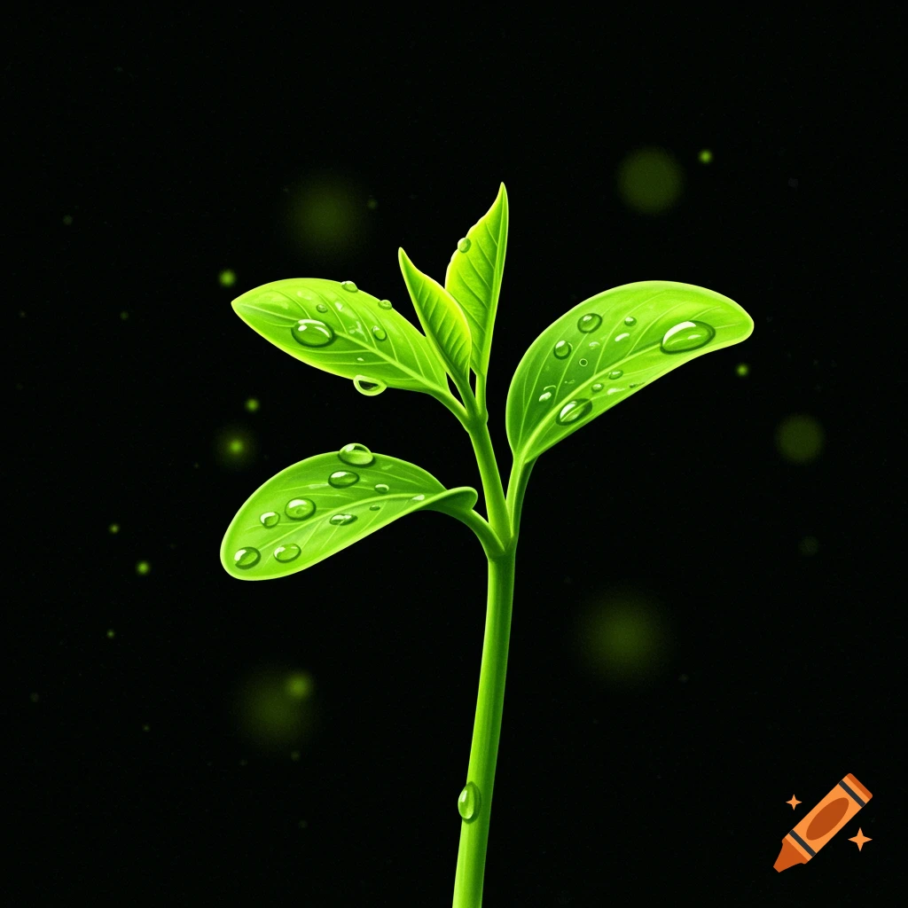 Close-up of a vibrant green plant sprout with dew drops on its leaves against a dark background, with faint green light specks.