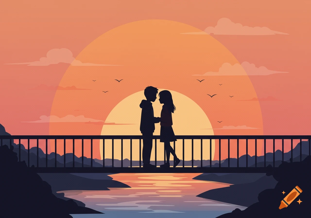 Illustration of a boy and girl holding hands on a bridge, silhouetted against a large orange sunset over a river.
