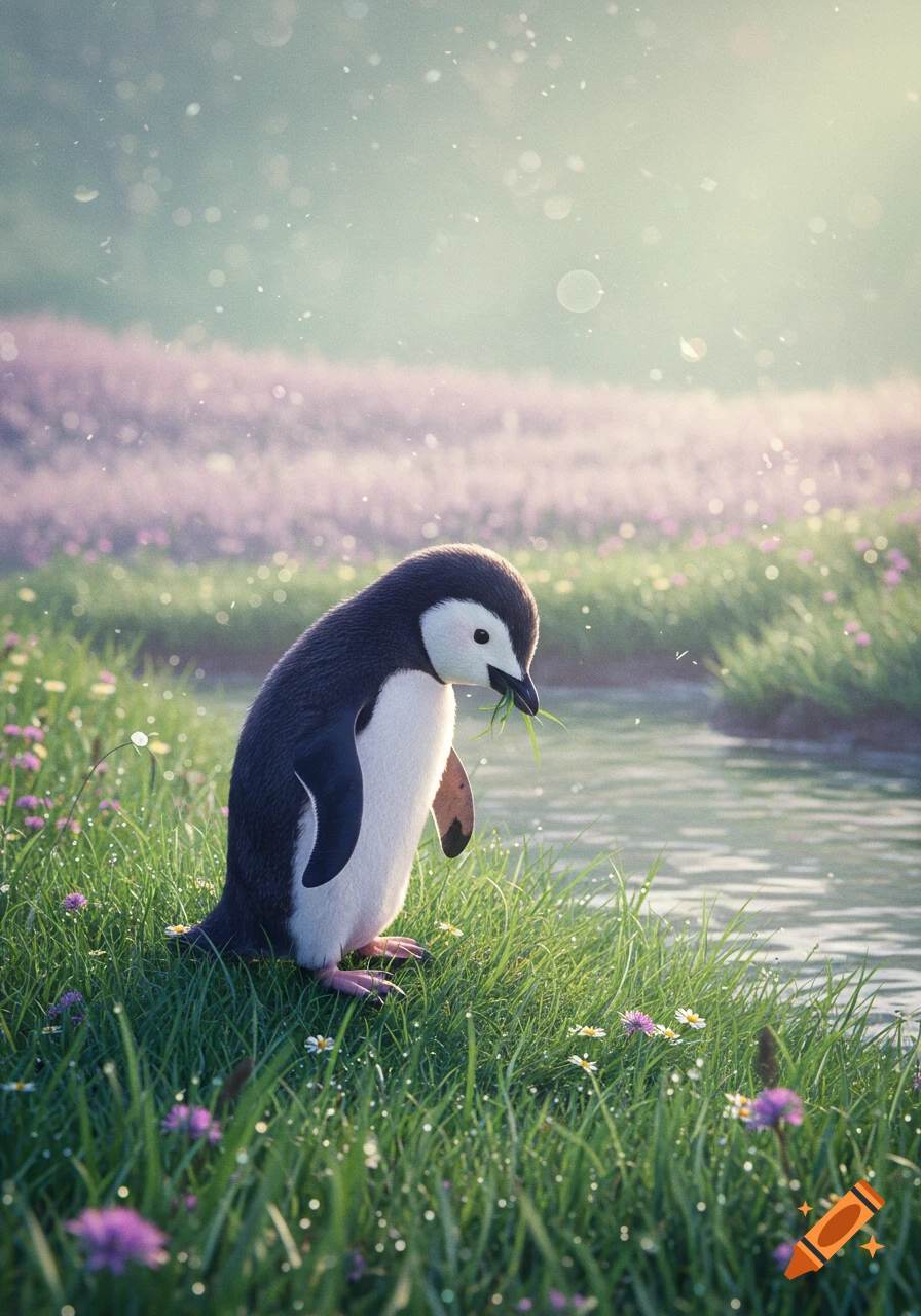 A cute penguin stands in lush green grass dotted with small flowers next to a pond, holding a blade of grass in its beak. Bright, dreamy lighting.