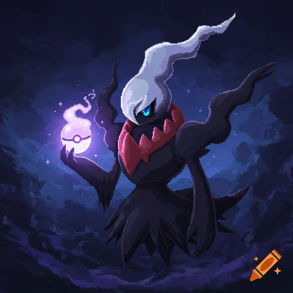 Darkrai, a dark gray and white Pokemon, holds a glowing pink and white Dream Ball in a pixel art style against a dark blue background.