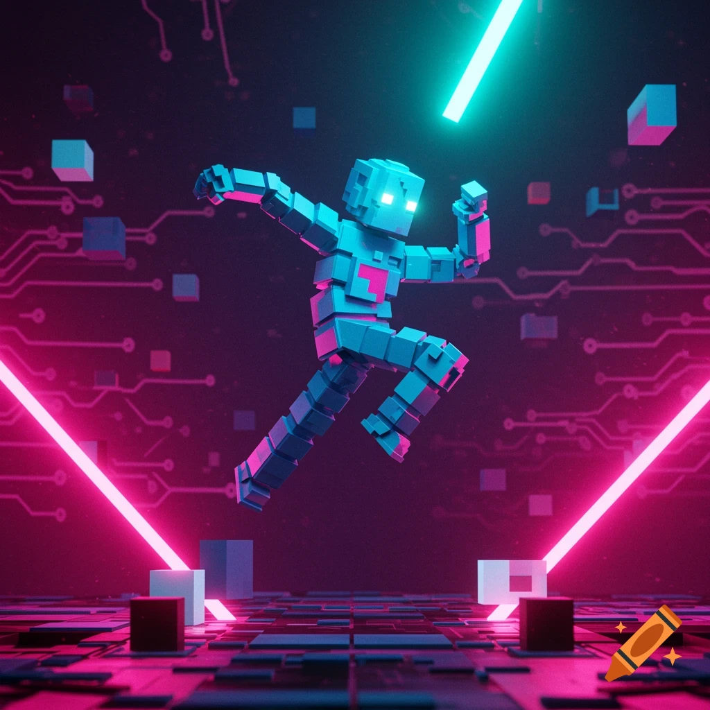 A blue blocky character in a dynamic jumping pose against a dark background with pink circuit board lines and glowing neon lights. Voxel art style.