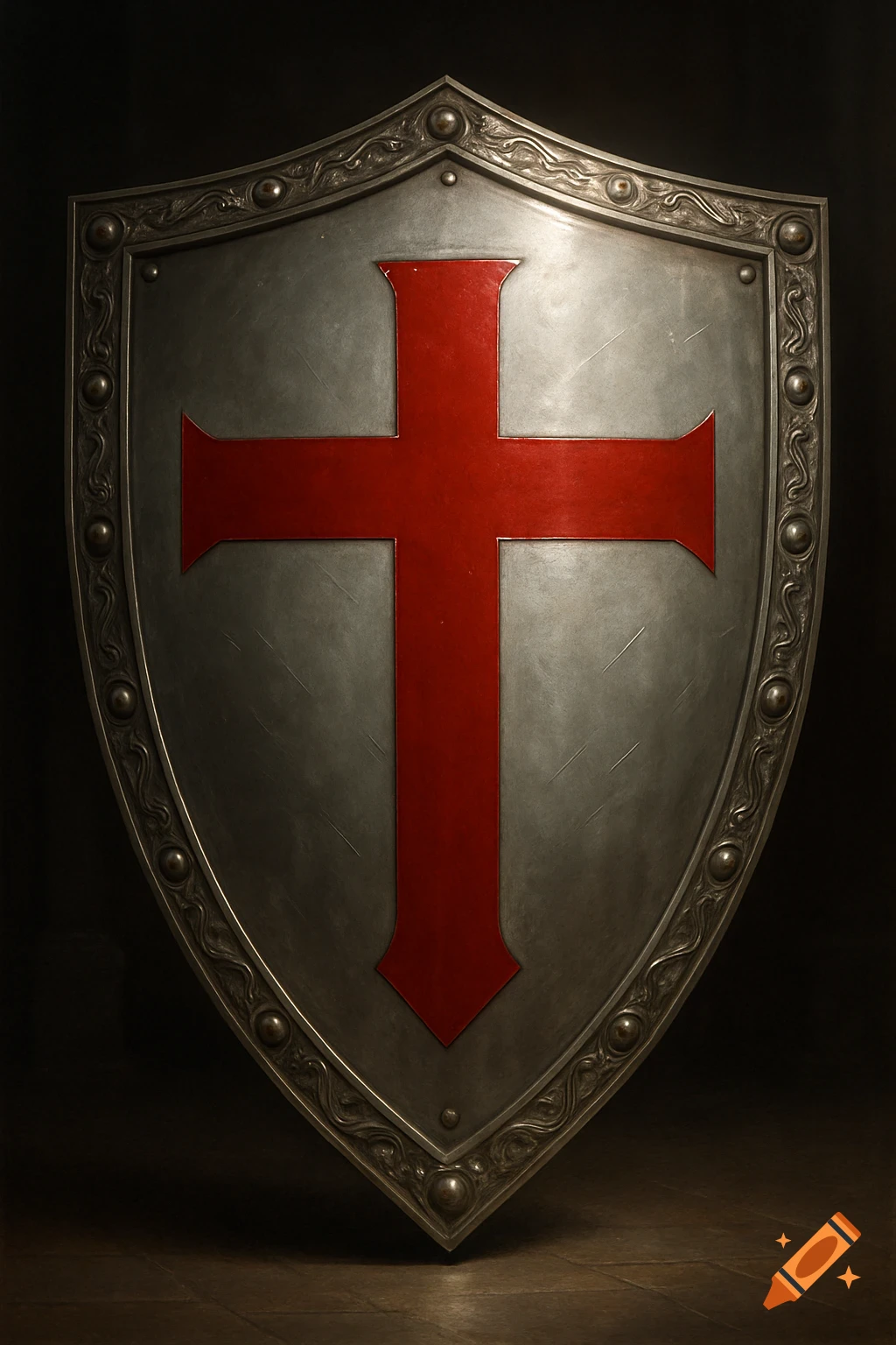 A medieval silver shield with a prominent red St. George's cross in the center, featuring ornate borders and rivets, set against a dark background.