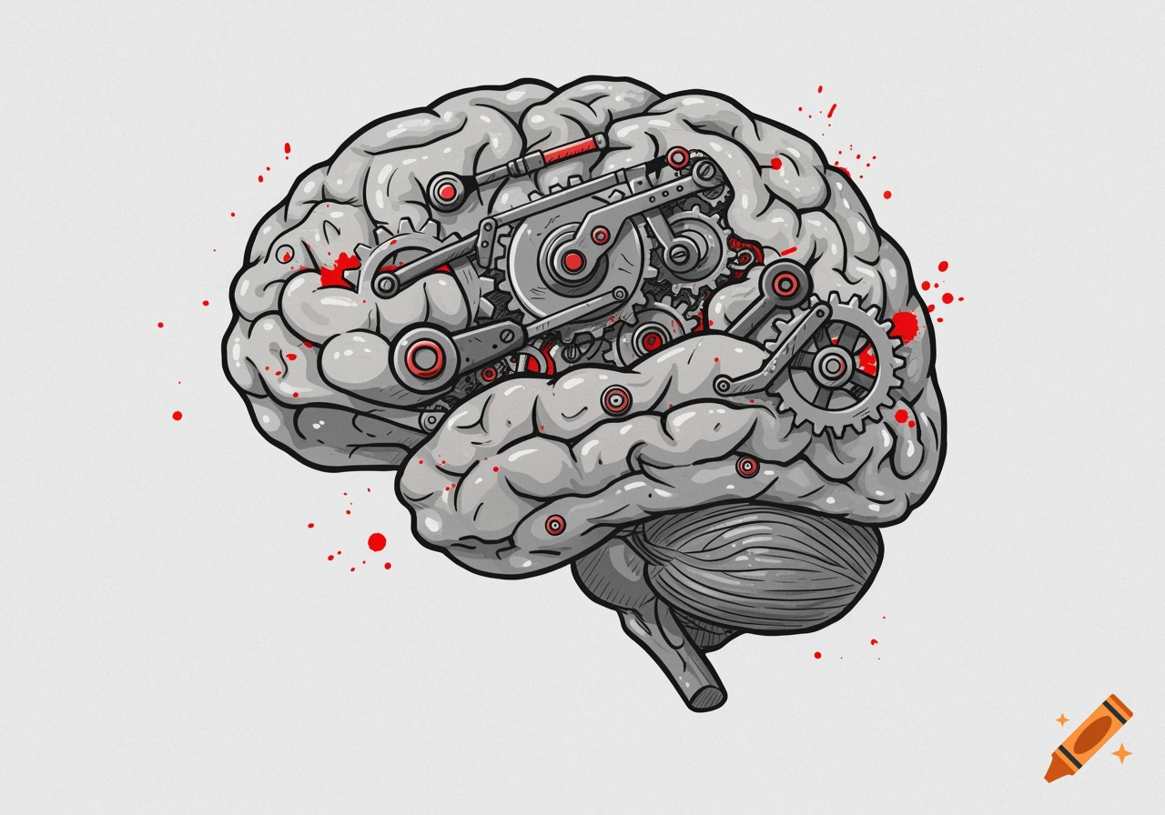 A gray cartoon sketch of a human brain with gears and cogs inside, and red splatter accents, on a light gray background.