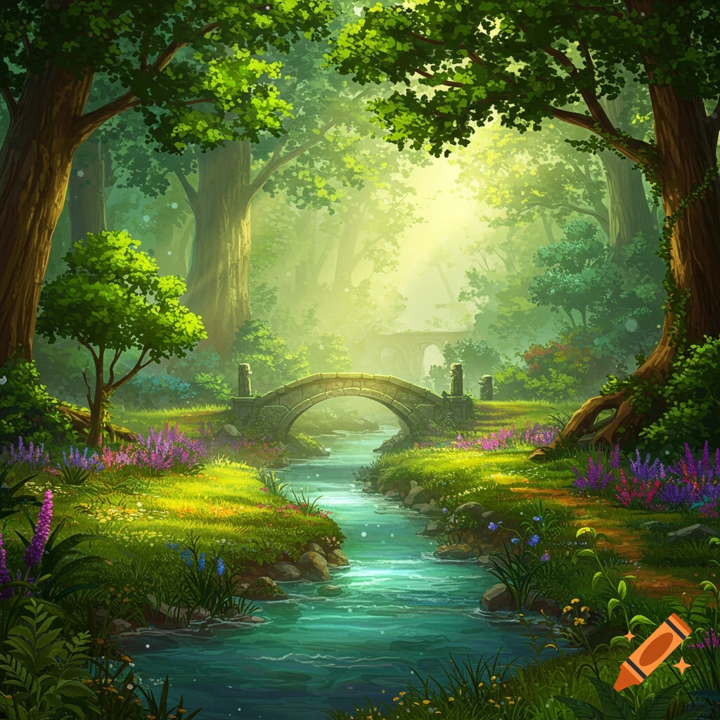 A lush green fantasy forest with a vibrant blue stream flowing under a stone arch bridge, bathed in sunlight filtering through the canopy.