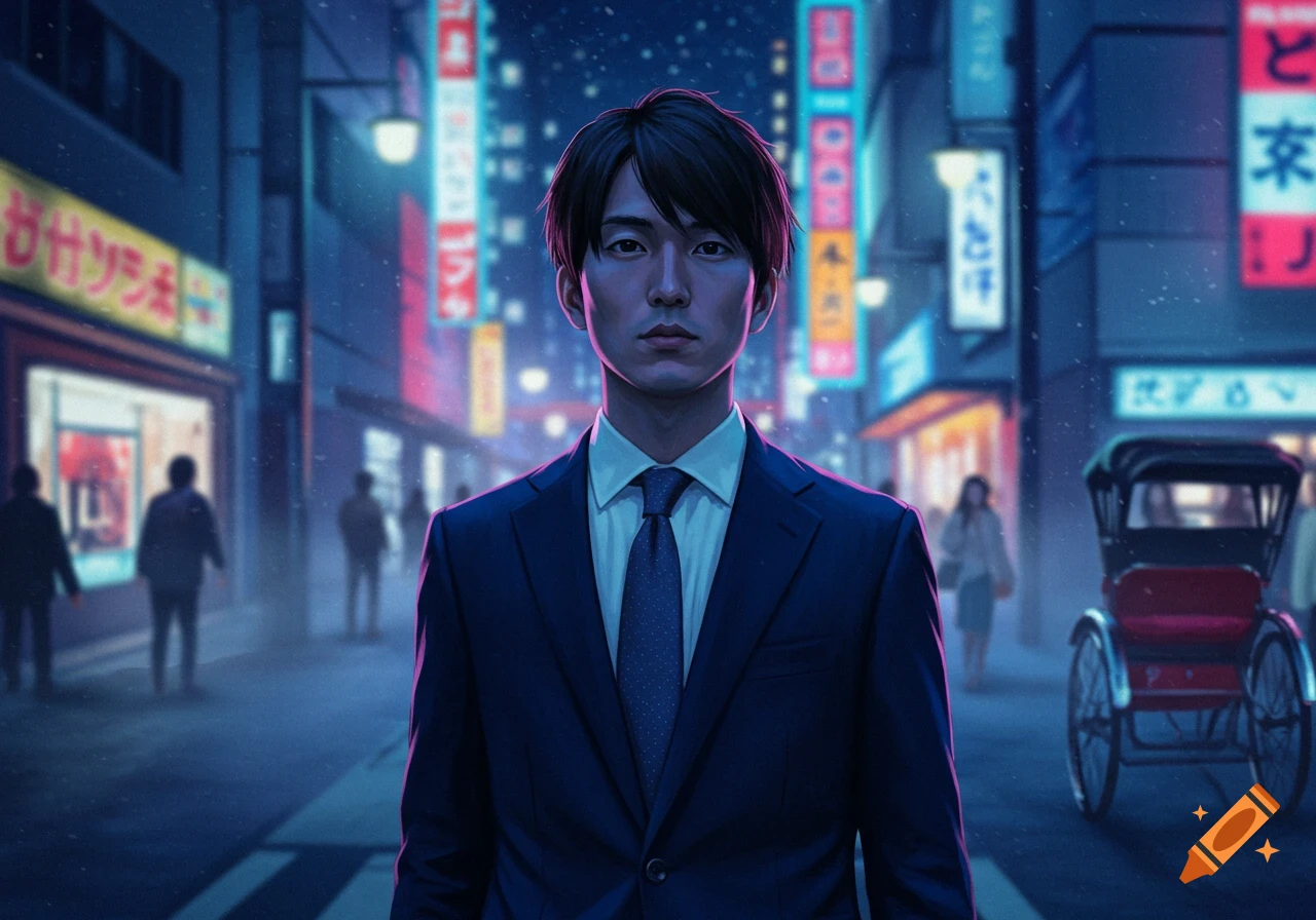 A young Japanese man in a dark suit and tie stands on a neon-lit city street at night, with blurred figures and signs in the background.