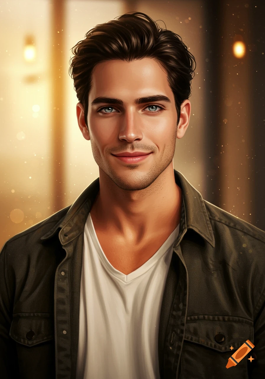 A photorealistic portrait of a handsome man with dark hair, blue eyes, and a subtle smile, wearing a white shirt and olive green jacket.