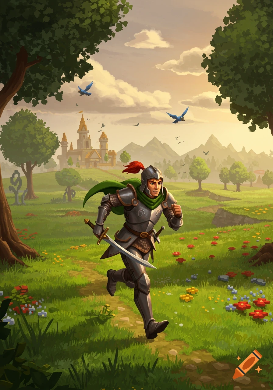 A knight in armor with a green cape and a sword runs through a grassy field towards a castle under a cloudy sky, in a video game style.