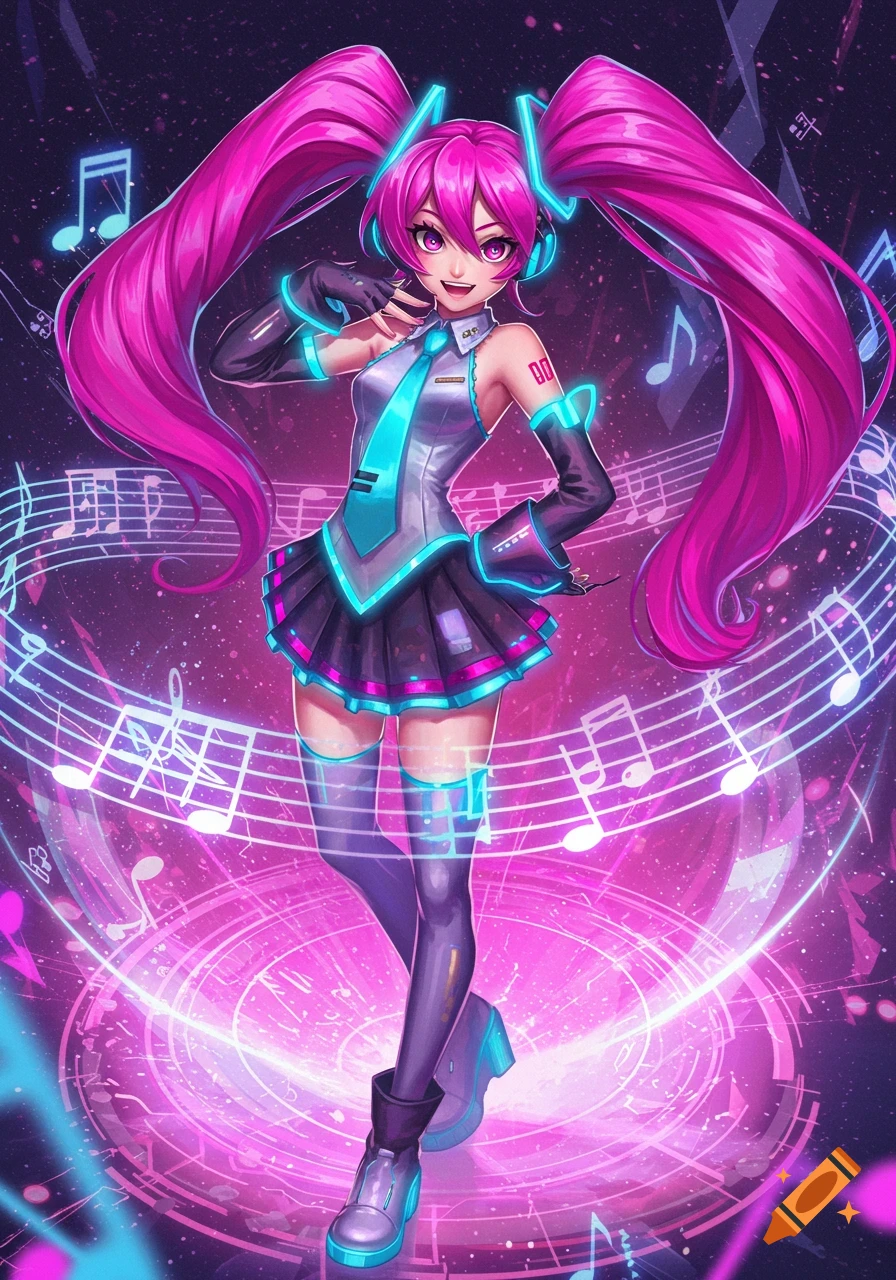 A vibrant anime-style girl with long hot pink pigtails, wearing a futuristic vocaloid-inspired outfit with blue and pink accents, stands smiling amidst glowing musical notes.