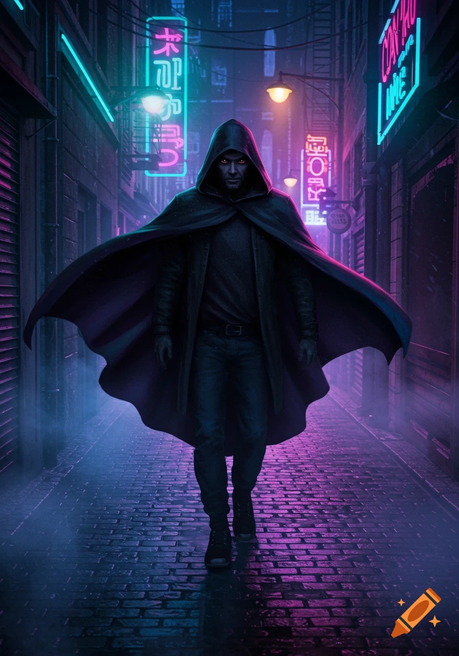 A figure in a dark cloak walks down a neon-lit alley with glowing eyes, in a dark, atmospheric style.