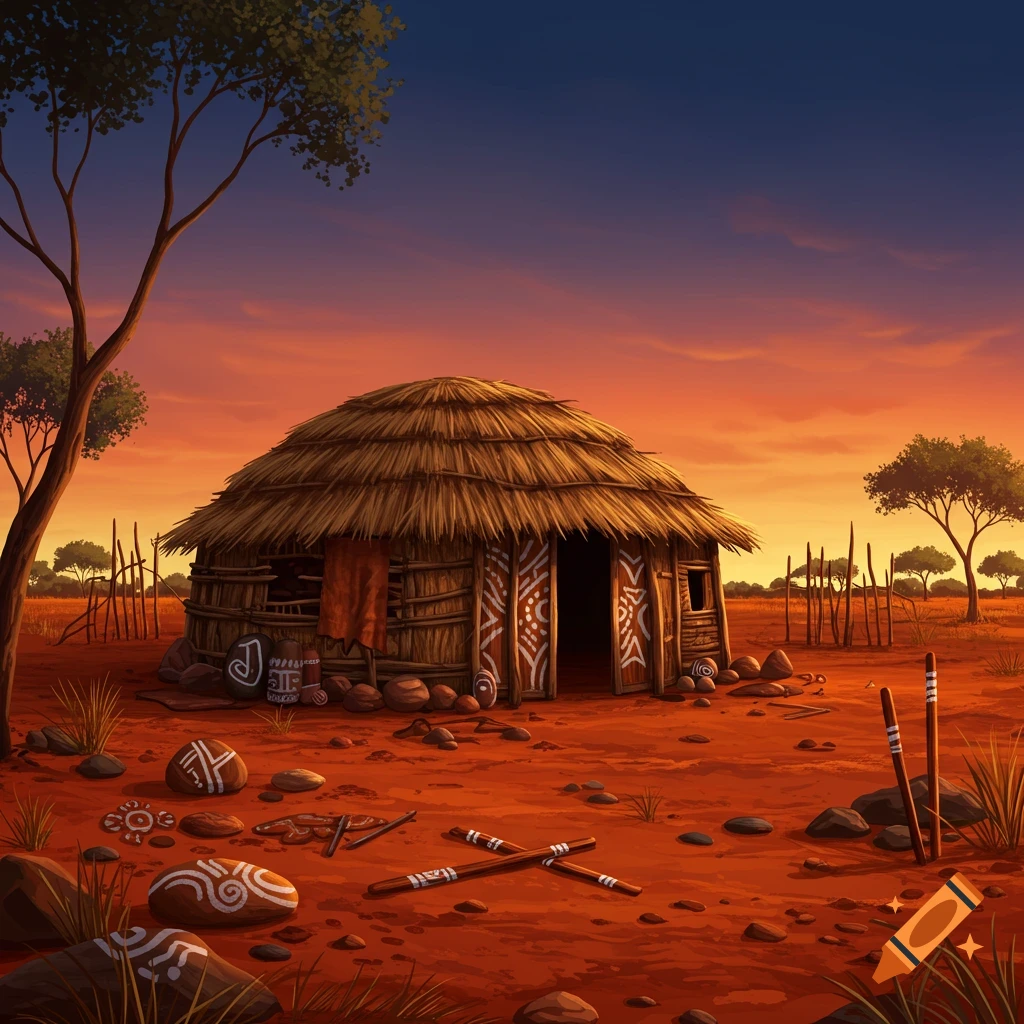 Traditional hut with a thatched roof and patterned walls in a red desert landscape at sunset, with trees and decorative rocks.