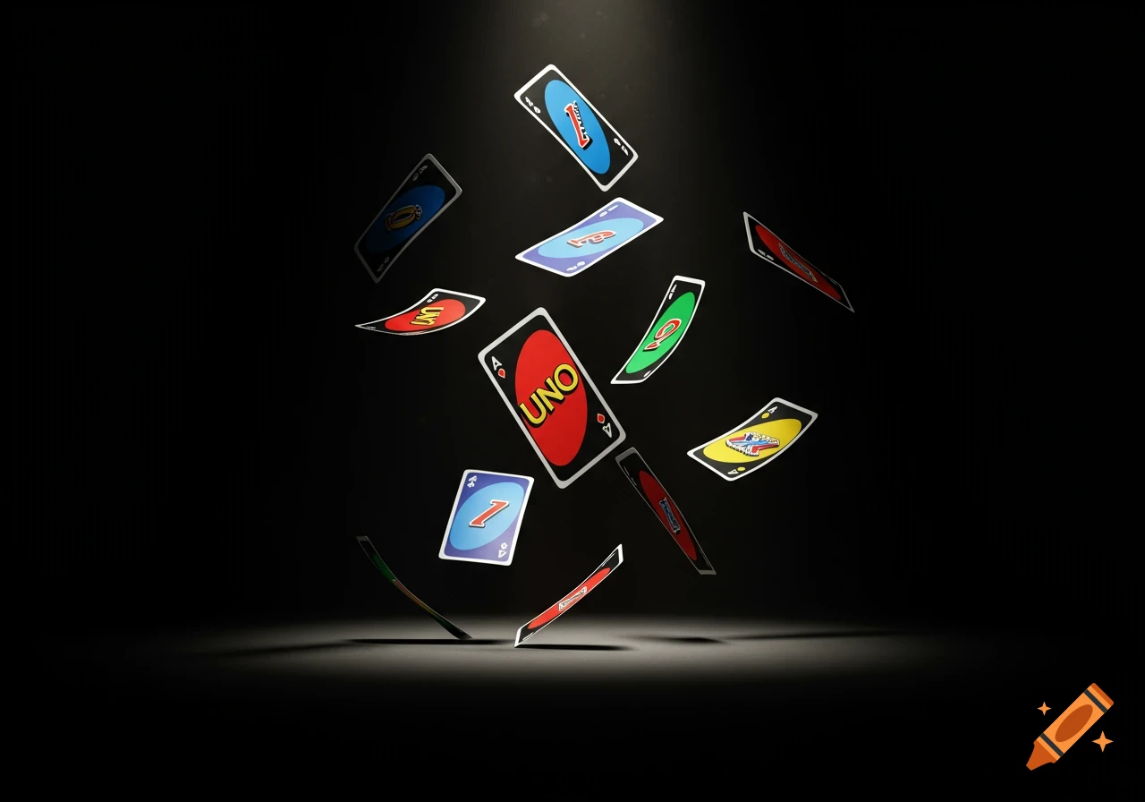 Several Uno playing cards falling through the air with a spotlight on a dark background.