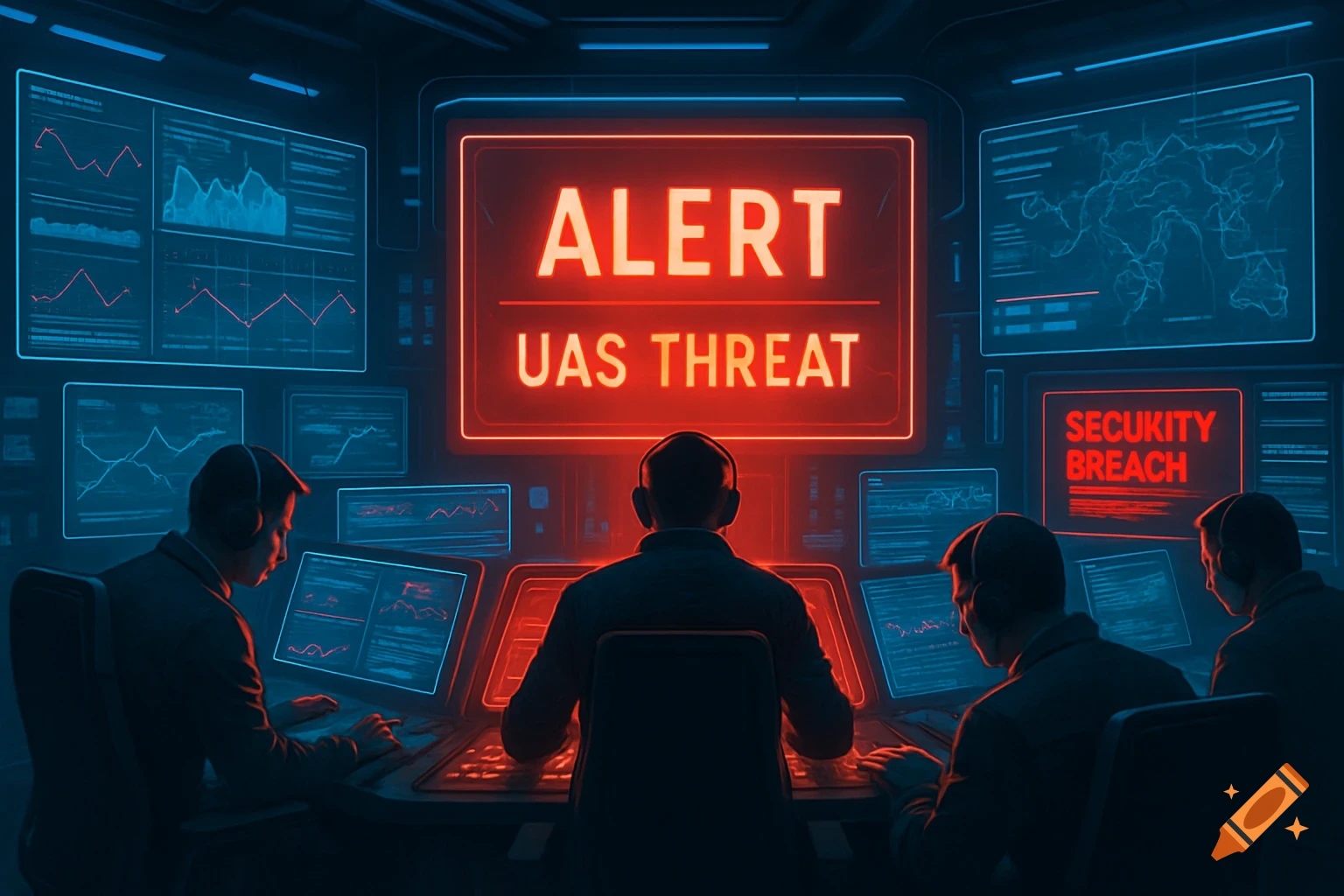 A dark, futuristic control room with multiple screens displaying charts and maps. Four people are seen from behind, facing a large central red screen that reads "ALERT UAS THREAT". On a smaller screen to the right, "SECUKITY BREACH" is displayed.