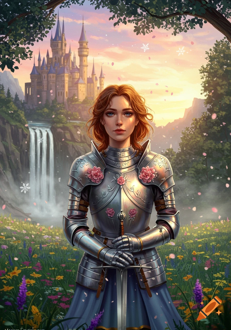 A female knight in decorated armor stands in a vibrant flower field before a majestic castle and waterfall at sunset.