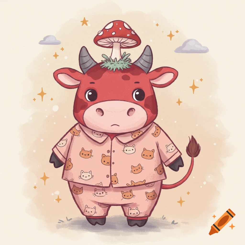 A cute red cartoon cow with white spots, grey horns, and a mushroom on its head, wearing pink pajamas with cat patterns, standing on its hind legs.