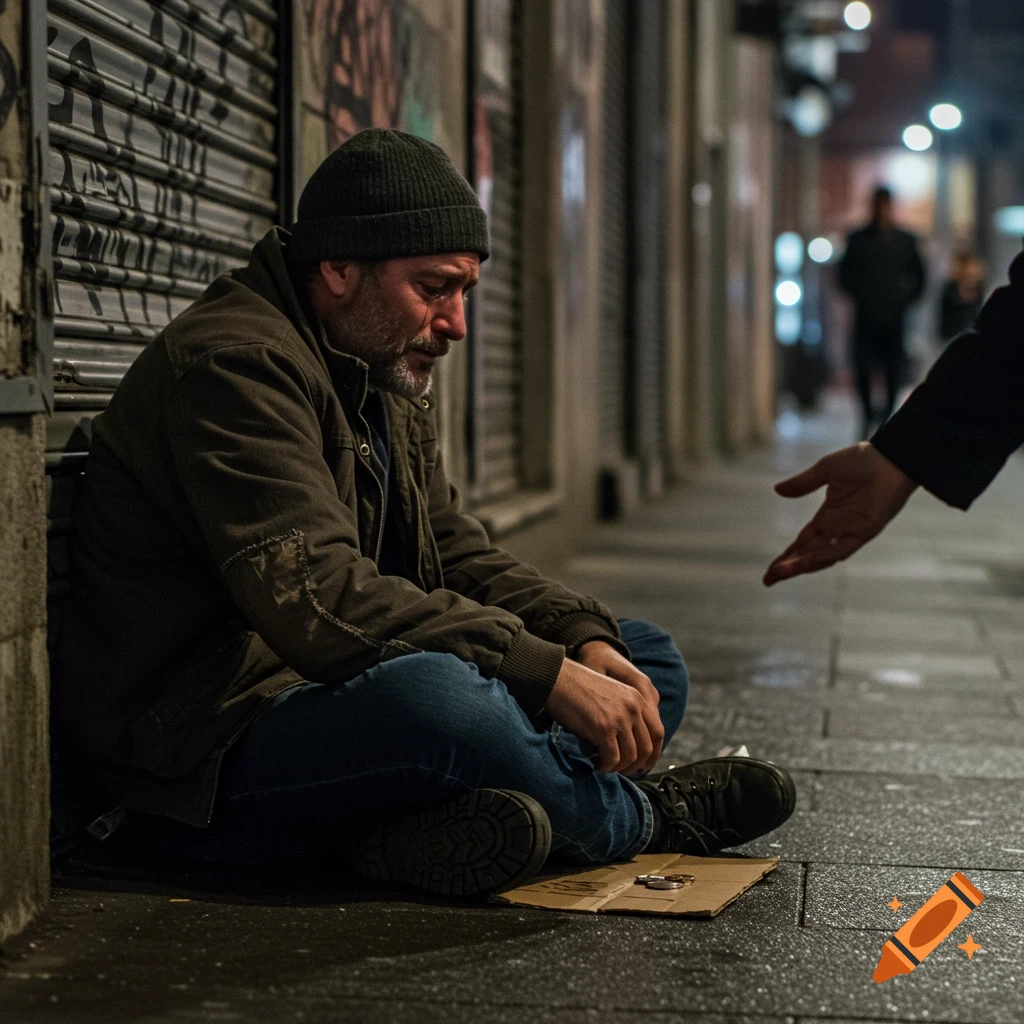 A man sits on a street at night, looking down at the ground as a hand reaches out to offer help. There are coins on a piece of cardboard in front of him. Photorealistic style.