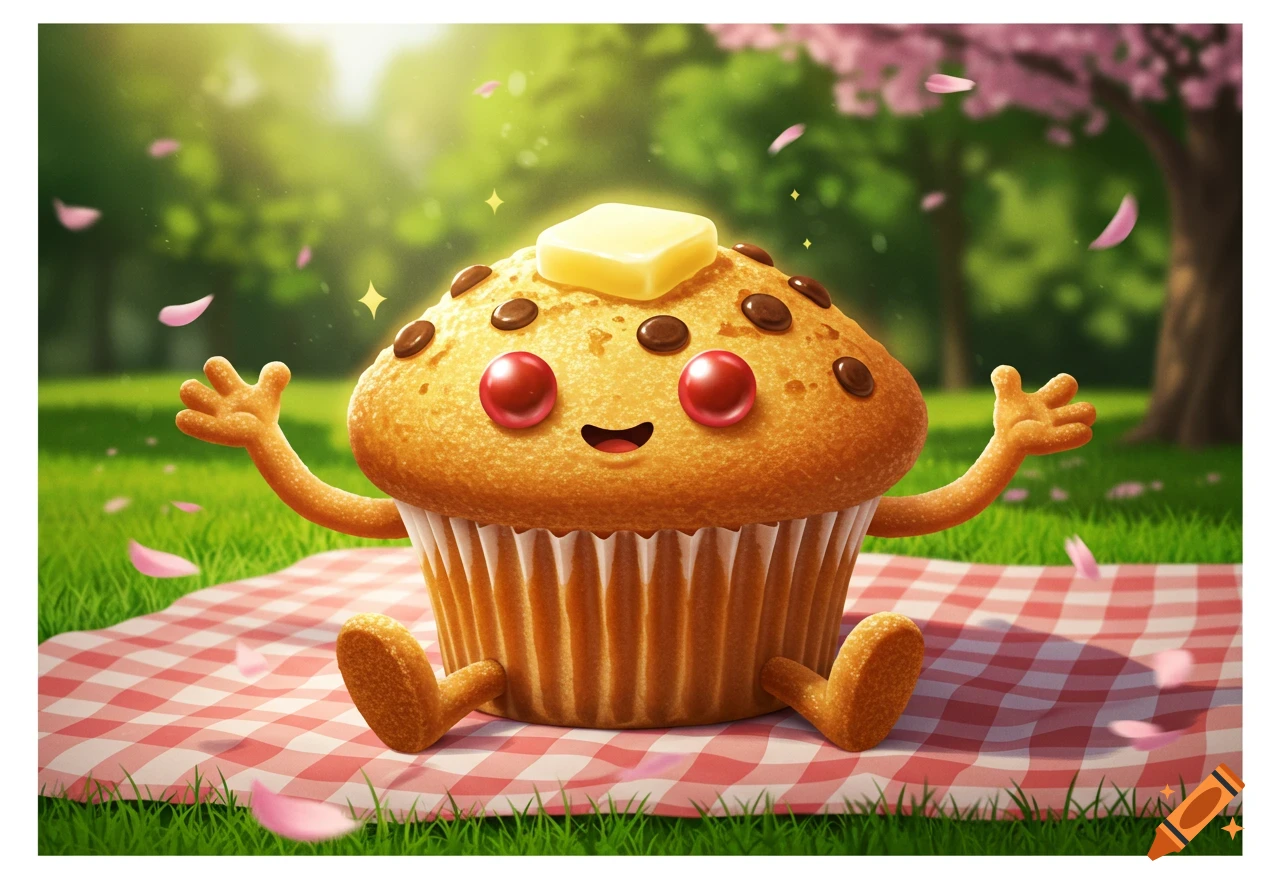 A cute cartoon muffin with chocolate chips and butter on top, sitting on a picnic blanket in a park with falling pink petals.