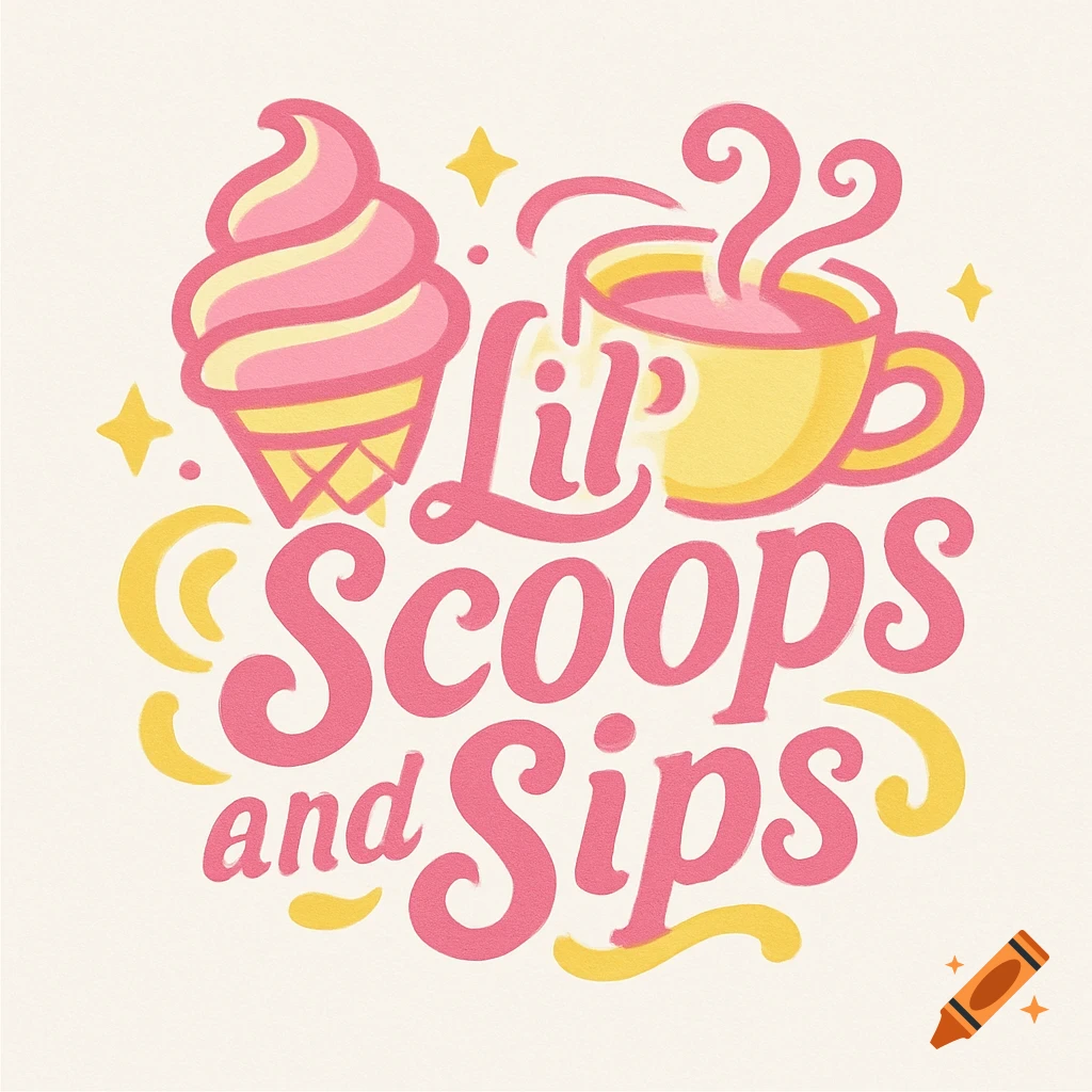 A pink and yellow logo for "Lil' Scoops and Sips" with an ice cream cone, a steaming cup, and decorative stars.
