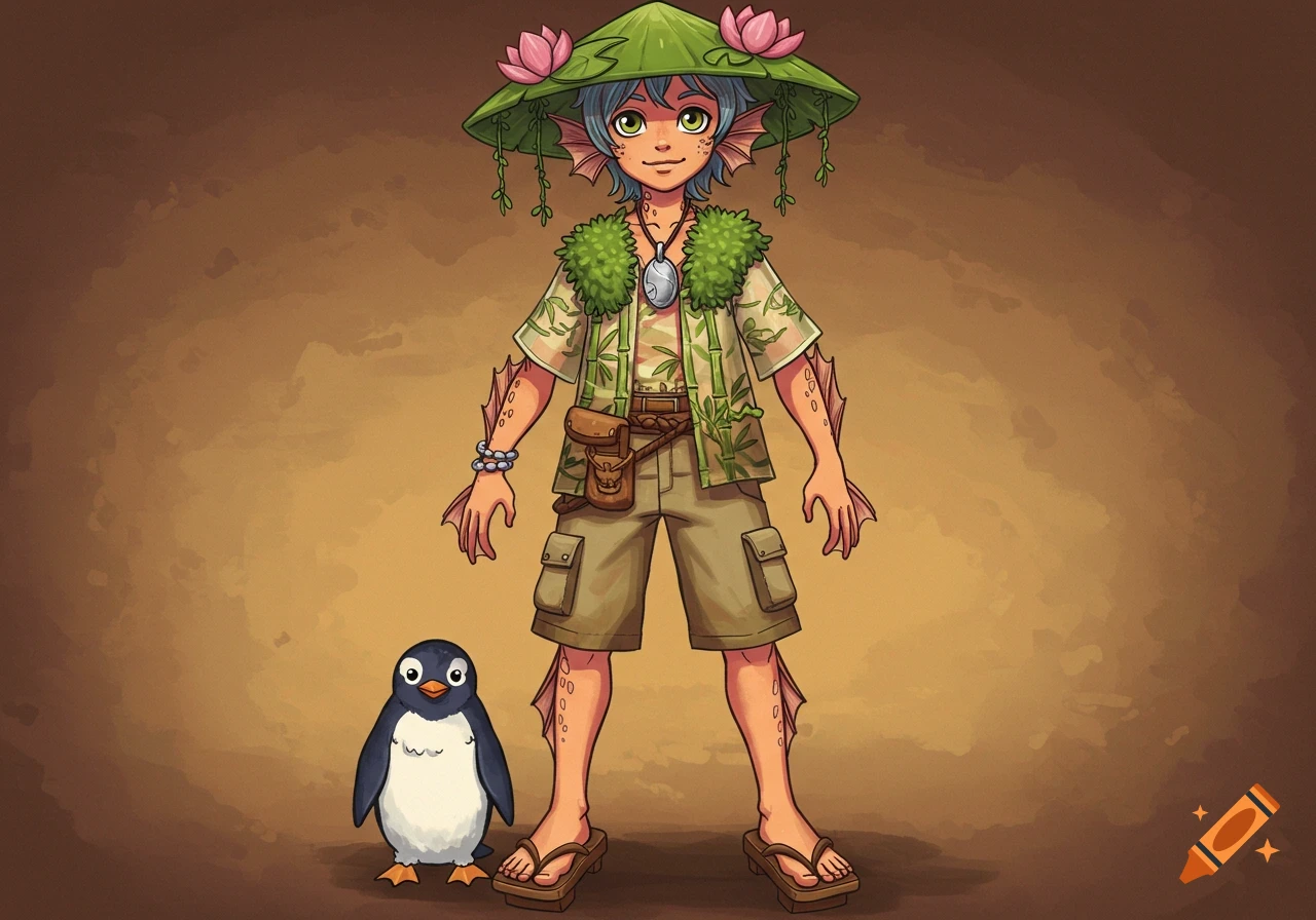 A cartoonish character, inspired by Wodnik and Kappa, wearing a lily pad hat and a bamboo shirt, stands next to a small penguin.