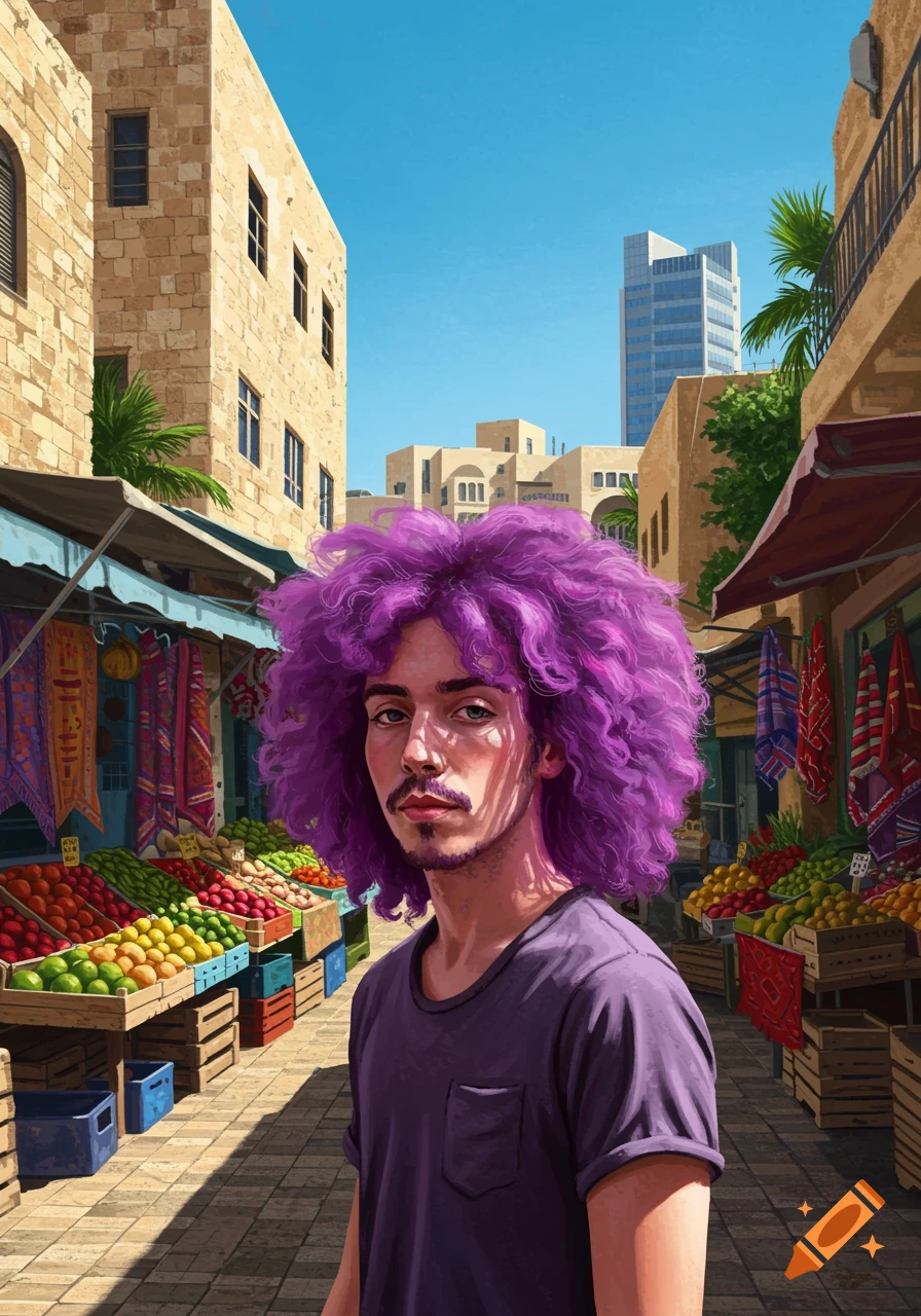 A person with bright purple, shaggy hair and a purple shirt stands in a sunlit outdoor market with fruit stalls and stone buildings.