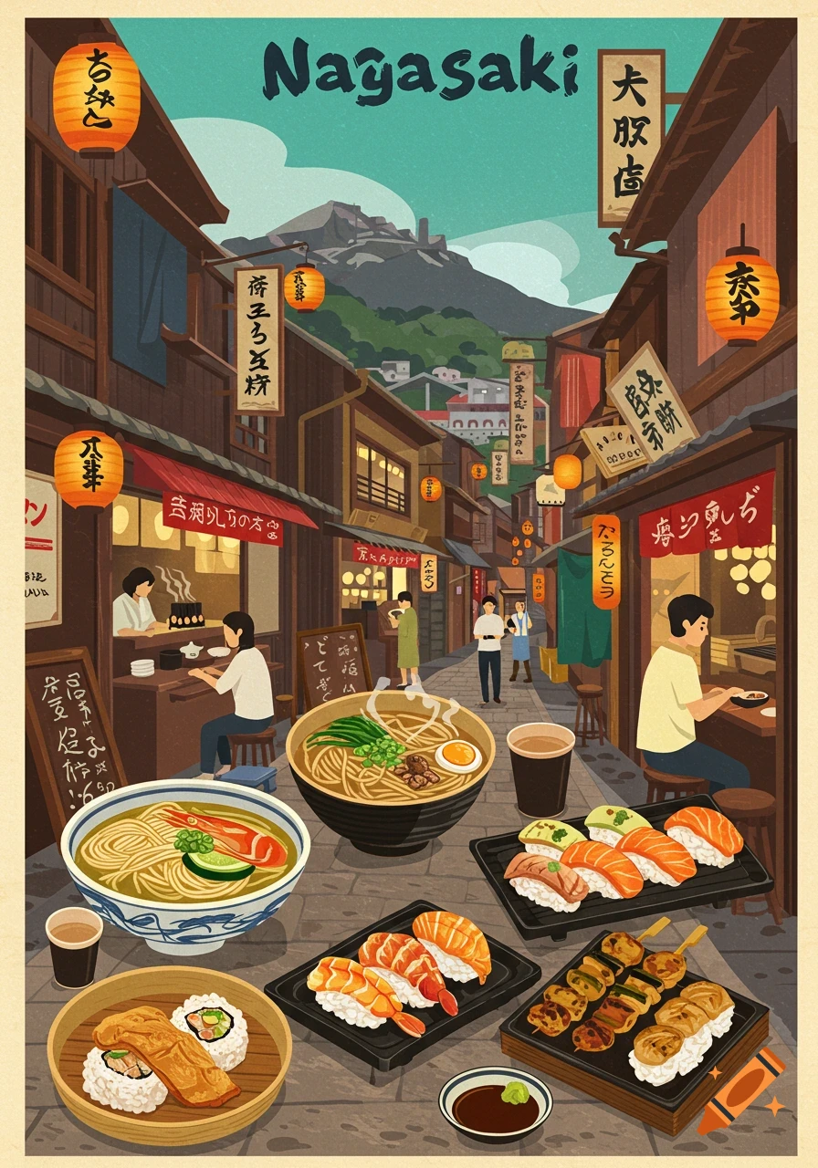 A vintage travel poster of a bustling street in Nagasaki, Japan, featuring various local dishes like ramen, sushi, and yakitori in the foreground.