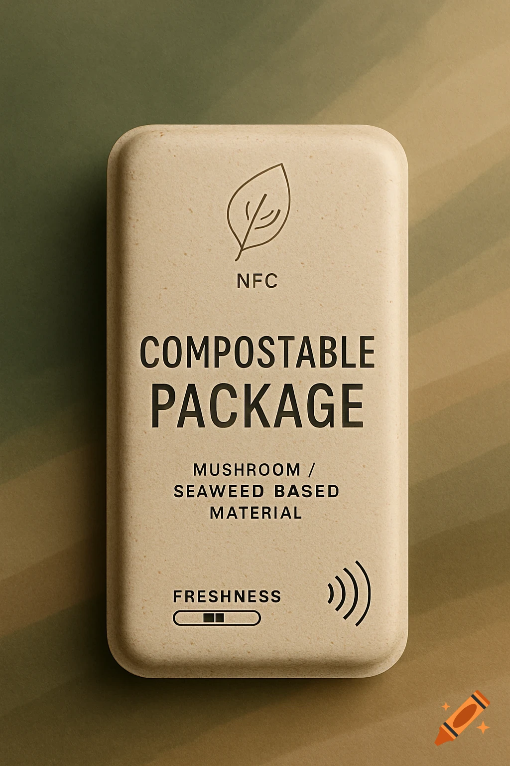 A minimalist, photorealistic compostable package made of mushroom and seaweed material with NFC and freshness meter.