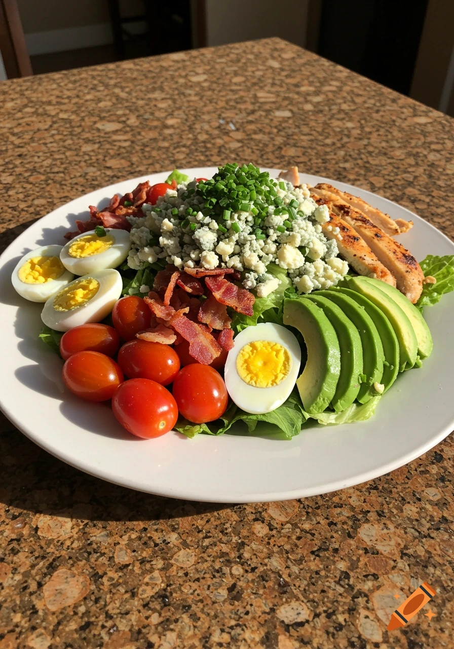 Photorealistic Cobb salad with chicken, bacon, blue cheese, avocado, eggs, tomatoes, and chives on a white plate on a granite table.