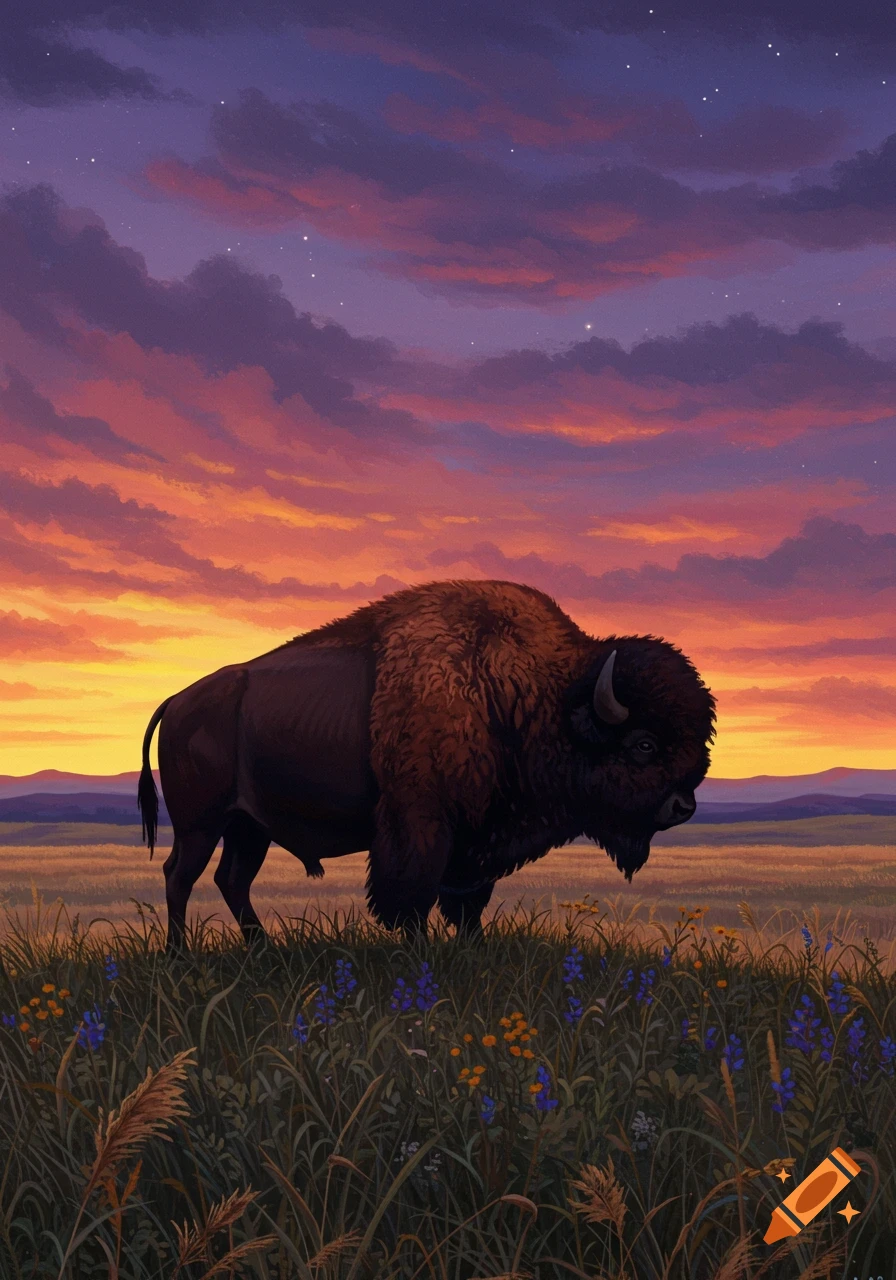 A majestic bison stands in a grassy field with wildflowers under a vibrant orange, pink, and purple sunset sky.