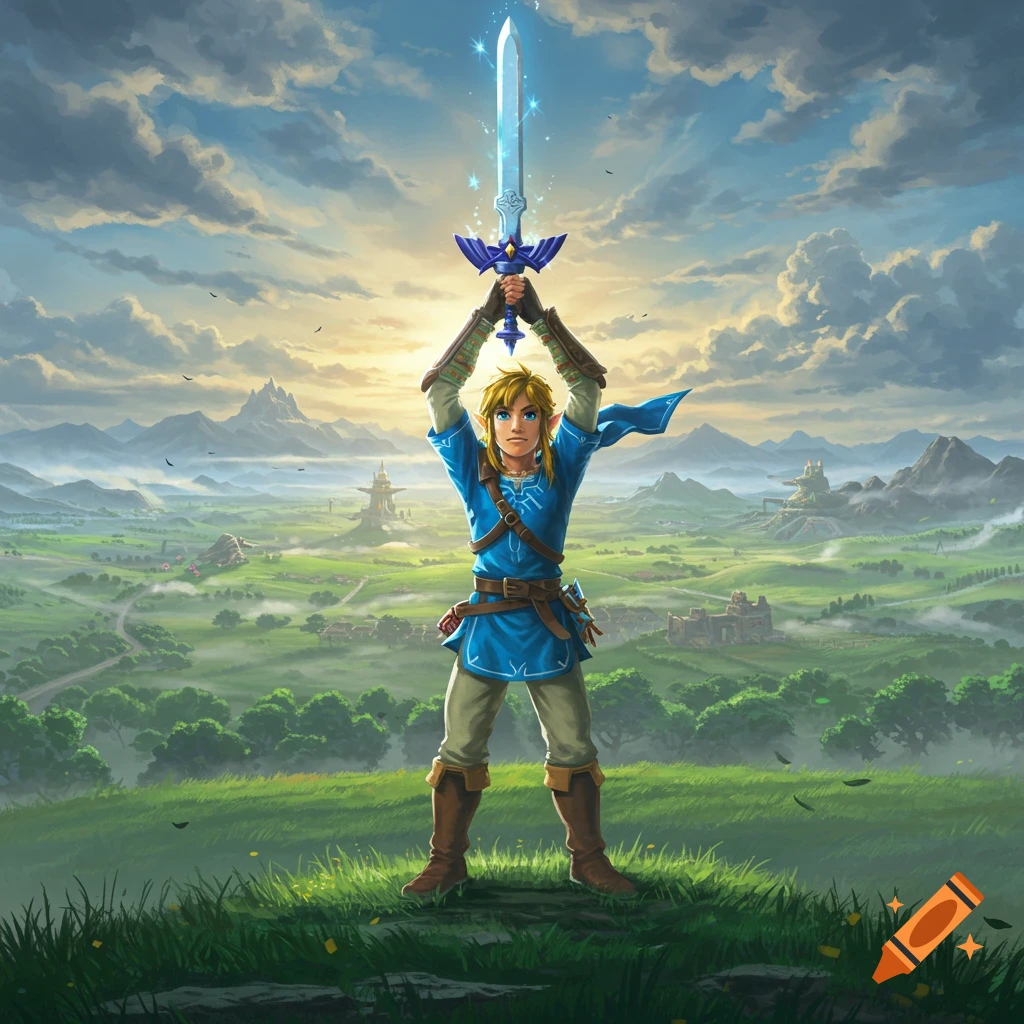 Link from The Legend of Zelda: Breath of the Wild holds the glowing Master Sword triumphantly above his head on a hill overlooking Hyrule.
