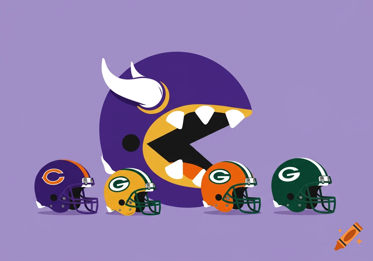 A Pac-Man style Minnesota Vikings helmet, depicted in purple and white, appears to be eating smaller football helmets representing the Chicago Bears and Green Bay Packers. The image is cartoonish and set against a purple background.