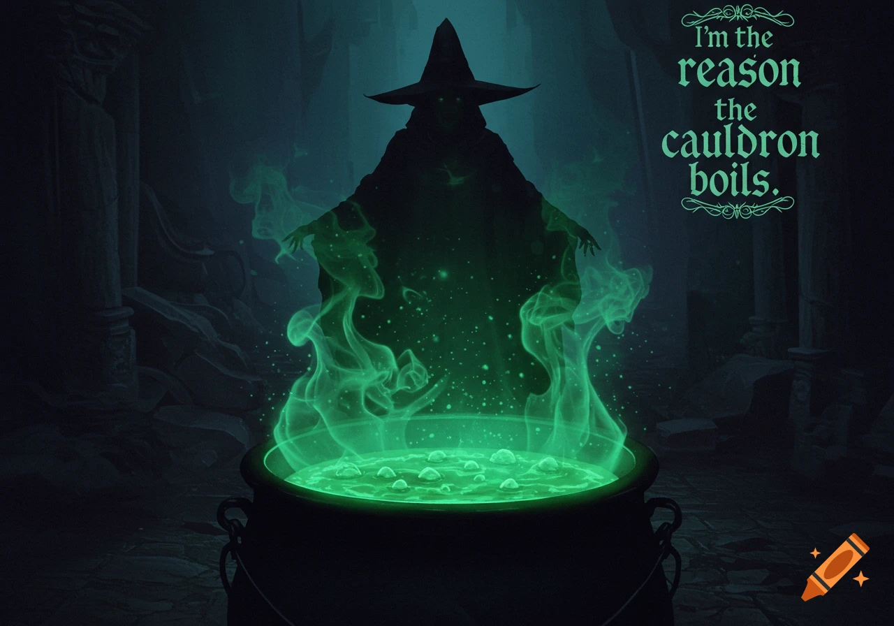 A dark fantasy image of a witch silhouette behind a glowing green cauldron, with the text 'I'm the reason the cauldron boils.' in gothic font.