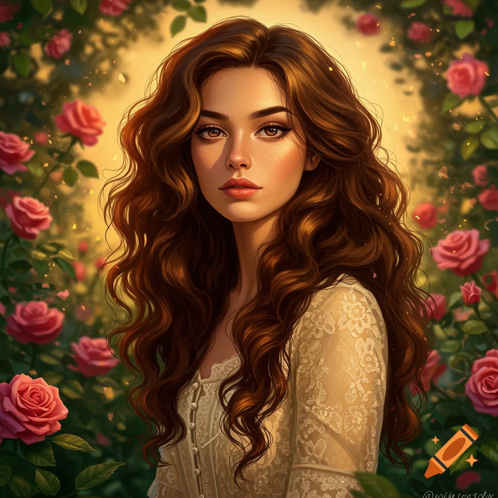 A beautiful woman with long wavy brown hair, dressed in lace, surrounded by pink roses in a golden garden, digital art.
