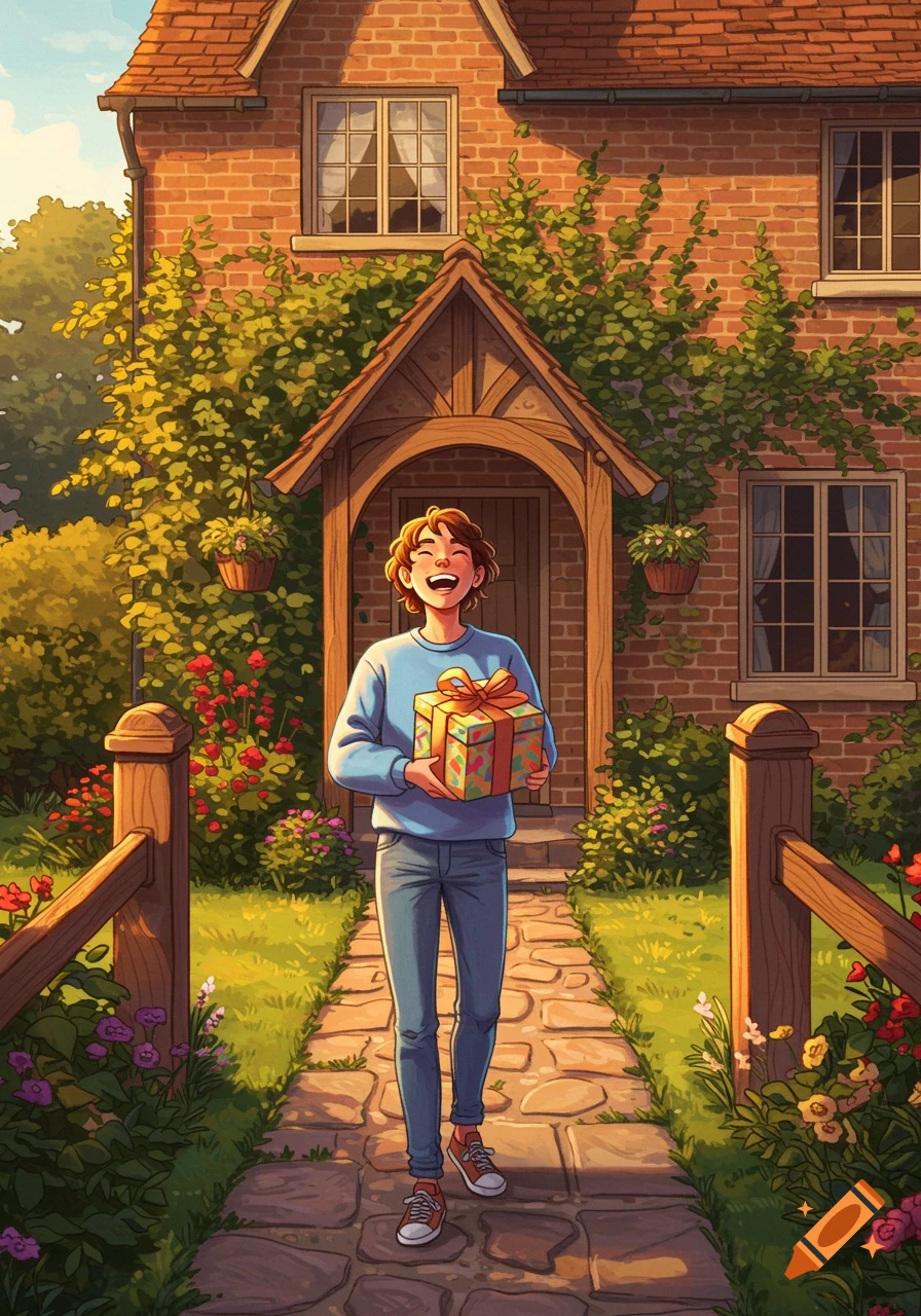 A happy person with curly hair holding a gift box walks on a stone path towards a brick house in a vibrant garden, illustration.