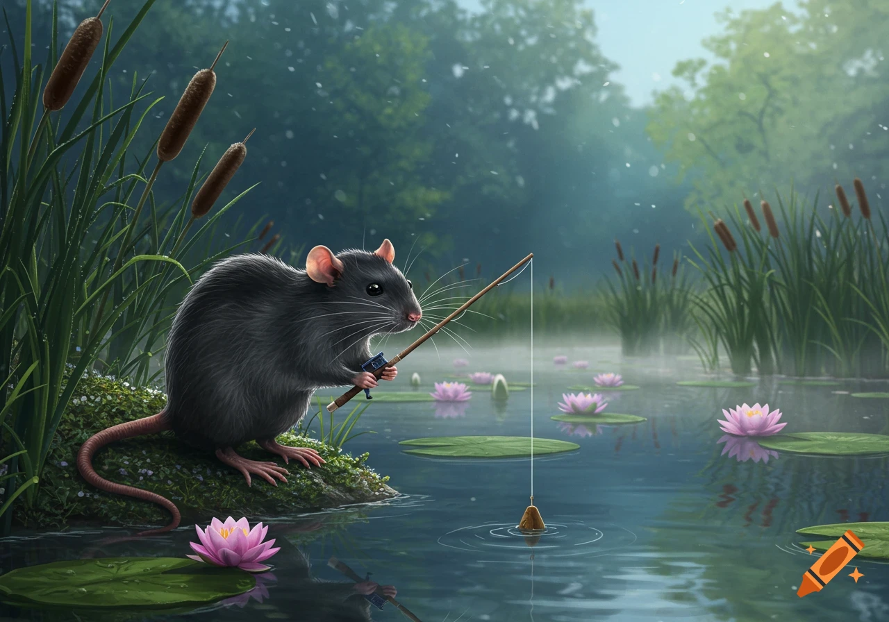 A realistic-looking rat fishes with a small rod from a mossy bank in a calm pond with pink water lilies, surrounded by reeds and trees.