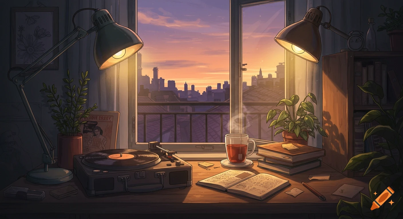 An anime-style room with a desk in the foreground, featuring a record player, open book, and tea cup. A city skyline is visible through the window at sunset.