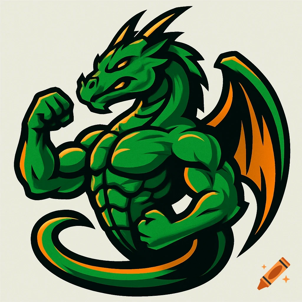 A stylized green and orange muscular dragon logo flexing its bicep against a white background.