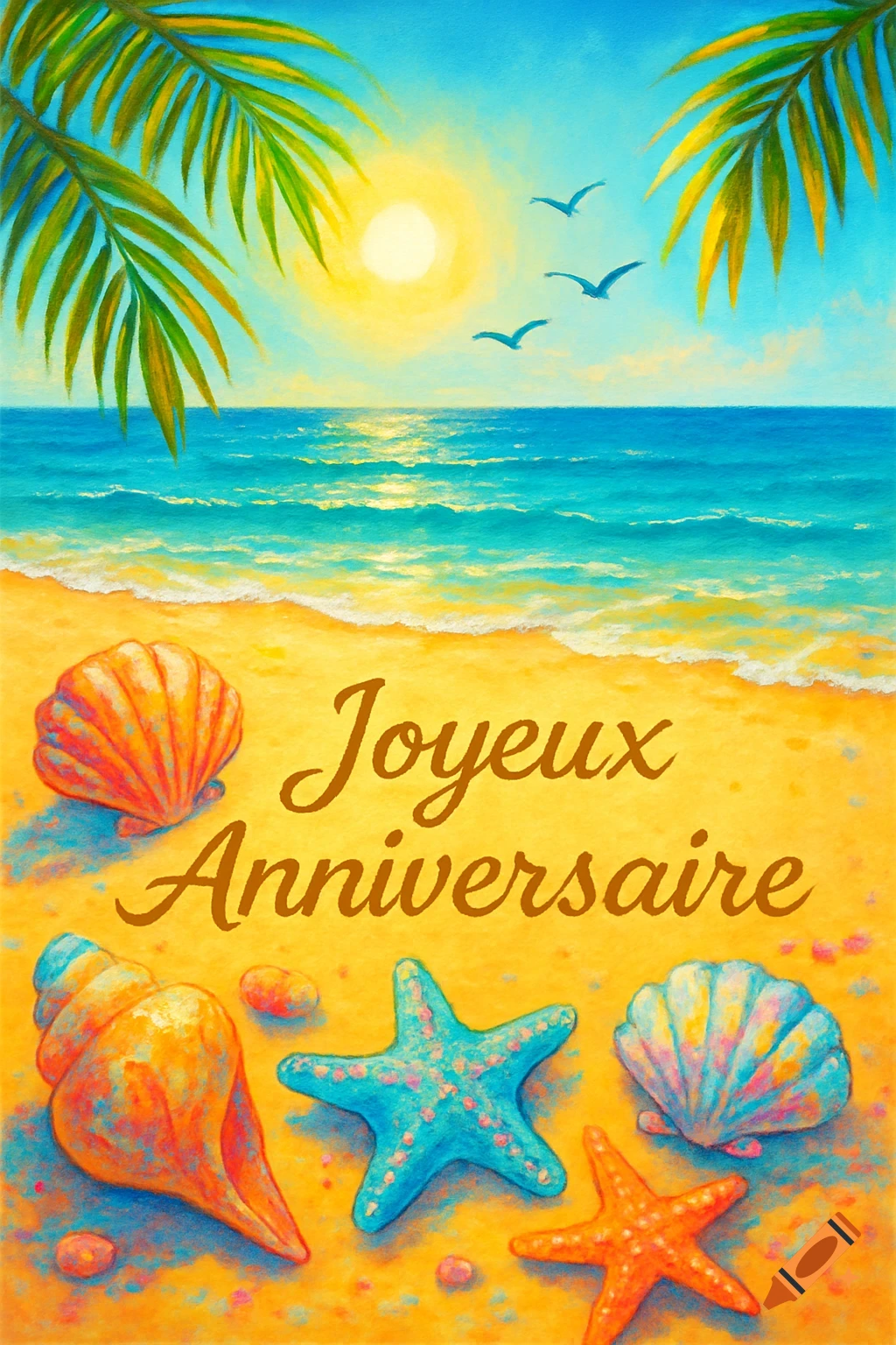 Colorful painted beach scene with seashells, starfish, palm leaves, and the text 'Joyeux Anniversaire' on the sand.